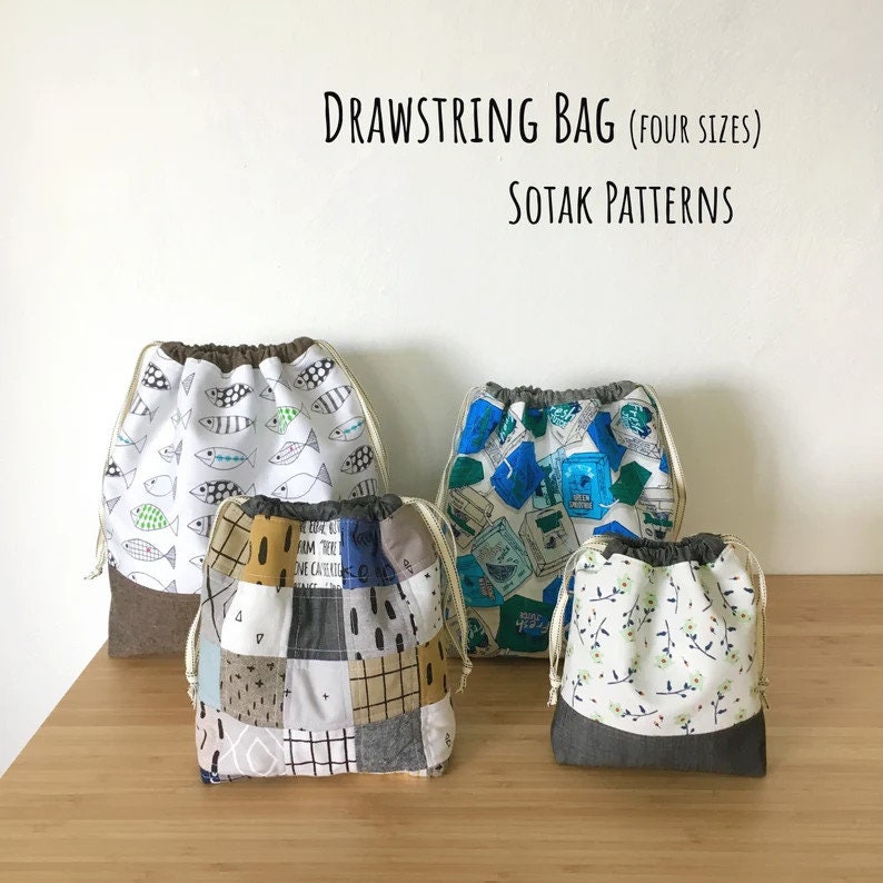 Drawstring Bag, PDF sewing pattern, instant download, four sizes, three styles, bag, project bag, sewing, knitting, sotak patterns, pattern image 1