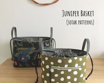 Juniper Basket in two sizes, PDF sewing pattern, drawstring closure basket, instant download, project basket, sewing, sotak patterns, sew