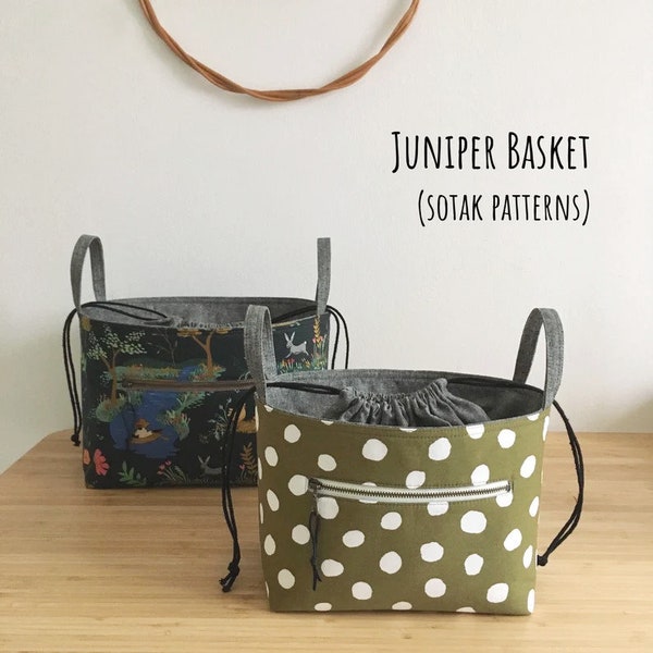 Juniper Basket in two sizes, PDF sewing pattern, drawstring closure basket, instant download, project basket, sewing, sotak patterns, sew