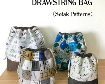 Drawstring Bag, PDF sewing pattern, instant download, four sizes, three styles, bag, project bag, sewing, knitting, sotak patterns, pattern
