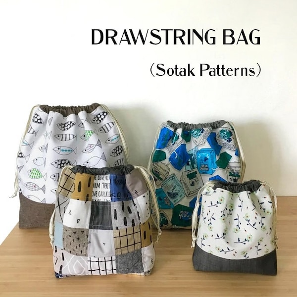 Drawstring Bag, PDF sewing pattern, instant download, four sizes, three styles, bag, project bag, sewing, knitting, sotak patterns, pattern