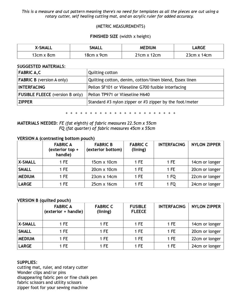 May include: A sewing pattern chart with instructions for making a quilted pouch or a contrasting bottom pouch. The chart includes measurements for different sizes of the pouch, including X-Small, Small, Medium, and Large. The chart also lists the materials needed for each size, including fabric, interfacing, and zipper.