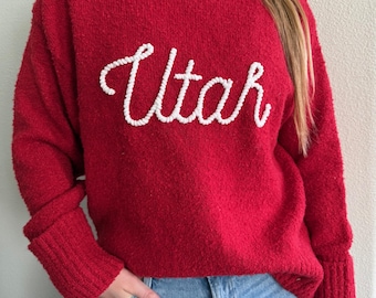 Utah Utes Hand-Embroidered Sweater | Women's Red Game Day Sweater | University of Utah Inspired Pullover | Handmade College Football Apparel