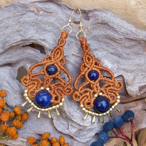 Macrame earrings with LAPIS LAZULI / Orange macrame earrings / Boho earrings with gemstone/ Tribal macrame earrings / Blue gemstone earrings