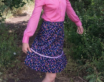 Vintage 60's ruffle hem A-line navy skirt with orange and purple flowers