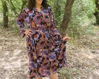 Vintage 70's black psychedelic floral button through dress