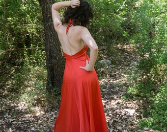 Vintage 80's Gottex sexy halter red dress with a plunge neck and open back