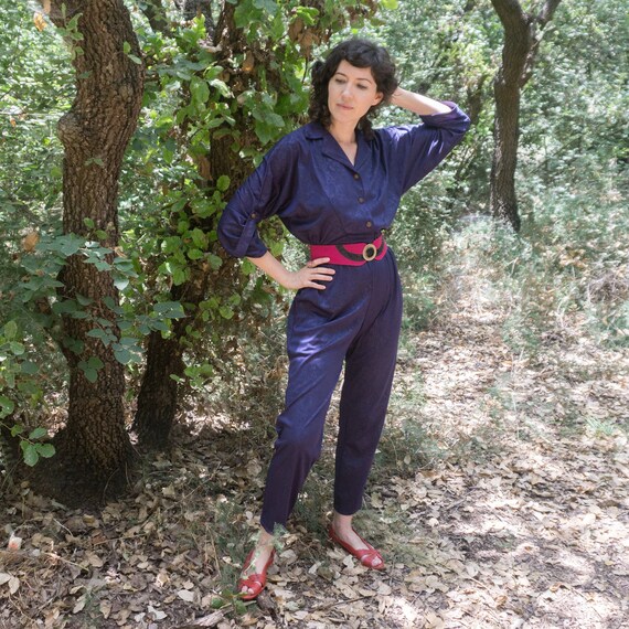 Vintage 80's purple button up jumpsuit with side p