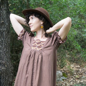 Vintage 70's brown cotton maxi peasant dress with crochet panel on the bodice image 2