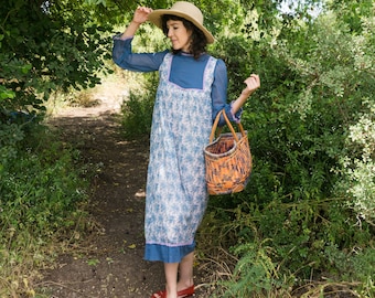 Vintage 60's blue floral prairie dress with puff sheer sleeves and ruffle hem