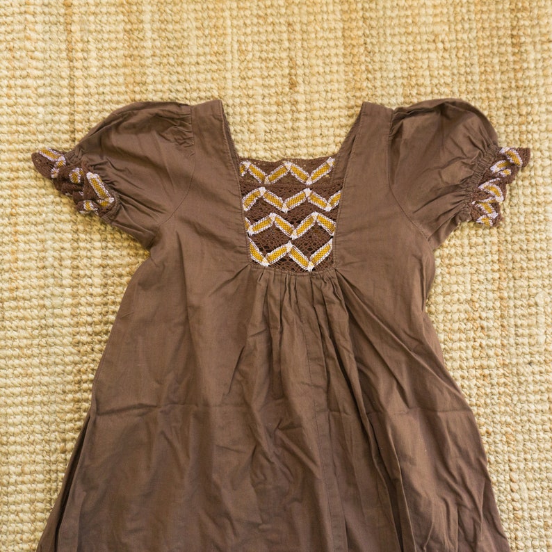 Vintage 70's brown cotton maxi peasant dress with crochet panel on the bodice image 6