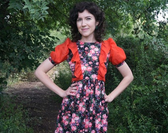 Vintage 60's black floral prairie dress with red ruffles puff sleeves