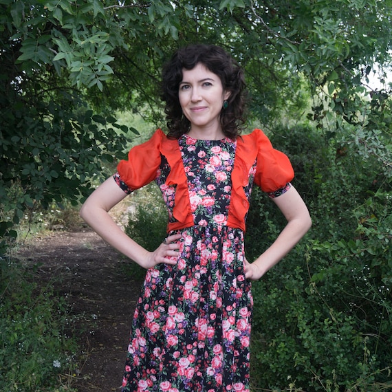 Vintage 60's black floral prairie dress with red r