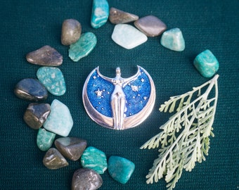 Astral Moon Goddess Silver and Blue Hypoallergenic Pendant