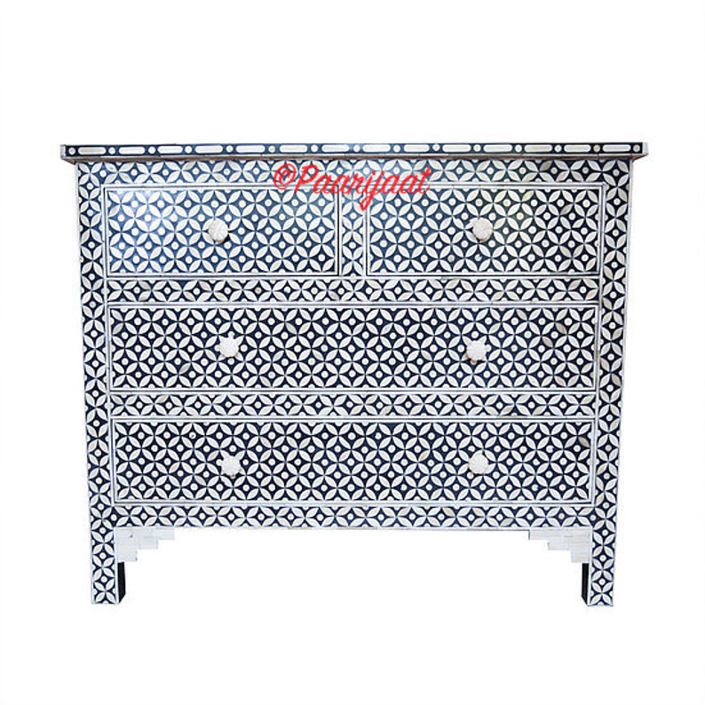Bone Inlay Chest of Drawers Geometric Design in Black Celtic Design Bone Inlay 4 Drawer Dresser