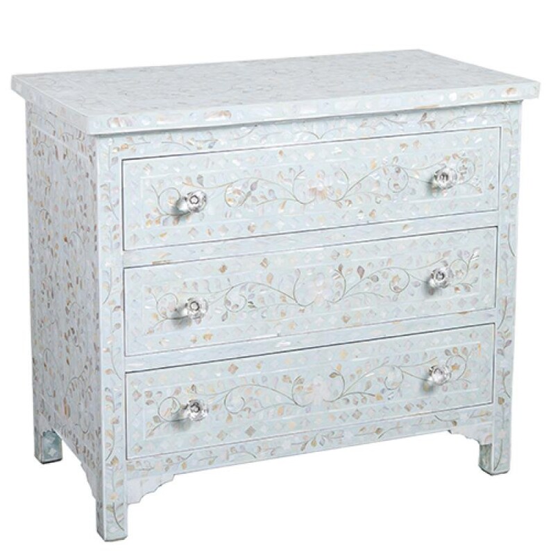 Mother Of Pearl Inlay Floral Chest Of 3 Drawers In Pale Blue Etsy