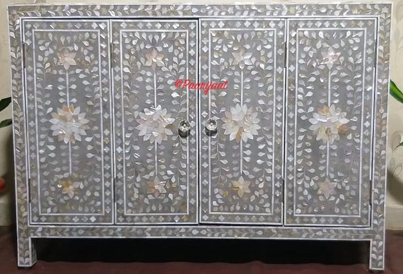 Mother Of Pearl Inlay Cabinet Floral In Grey Pearl Inlay Etsy