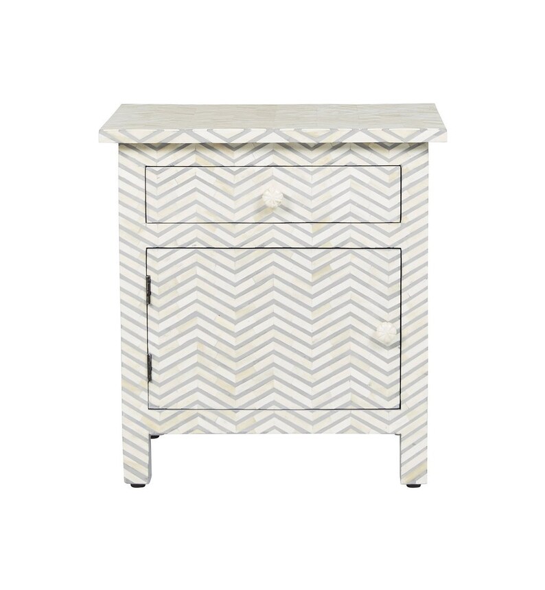 Bone Inlay Side table Bone Inlay 1 Drawer 1 Door Bedside in Chevron Design in Grey