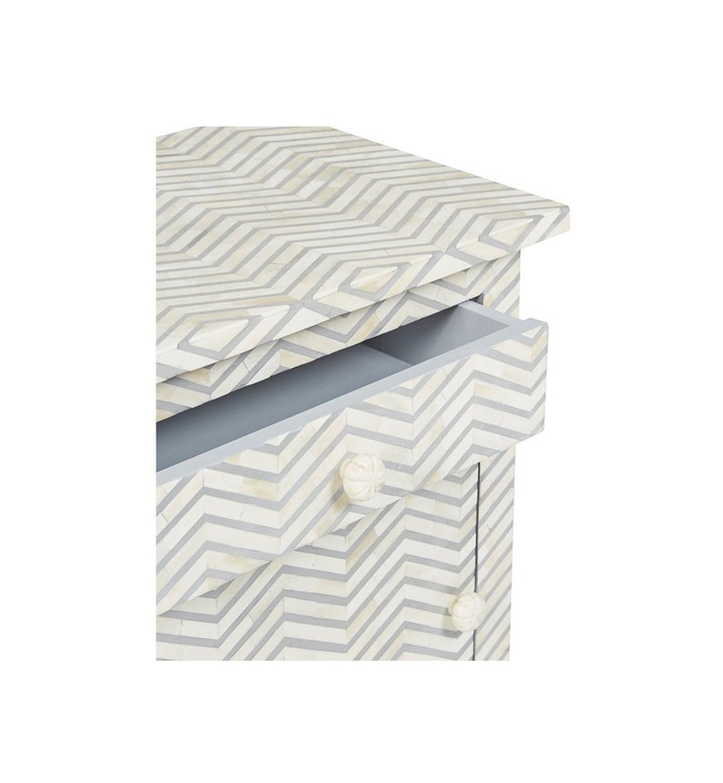 Bone Inlay Side table Bone Inlay 1 Drawer 1 Door Bedside in Chevron Design in Grey