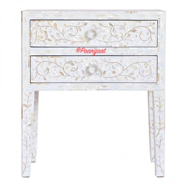 Mother Of Pearl Inlay Bedside In White Mop Side Table