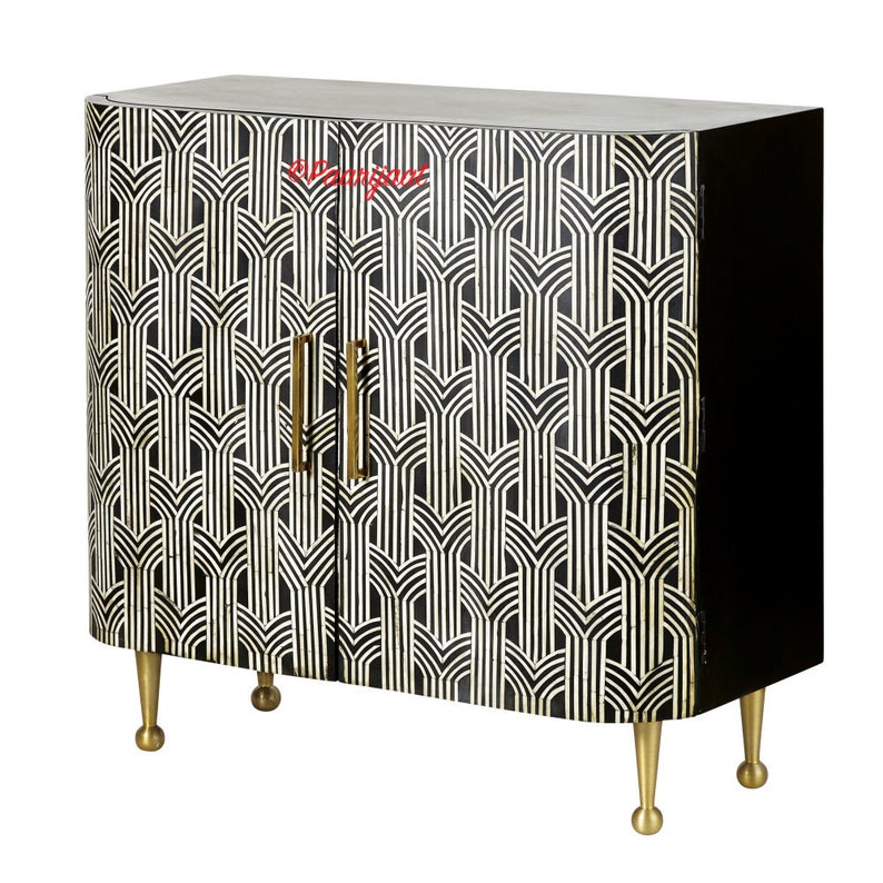 Modern Bone Inlay Cabinet Bone Inlay Sideboard in Black Handmade Bone Inlay Cupboard