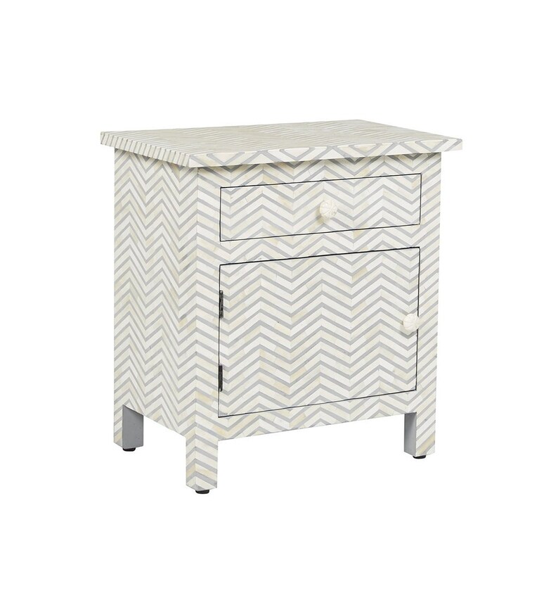 Bone Inlay Side table Bone Inlay 1 Drawer 1 Door Bedside in Chevron Design in Grey