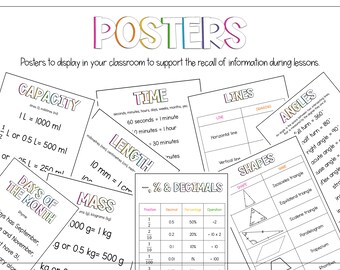 Measurement, Shape, Position/Direction, Fraction, Decimals & Percentages Information Posters