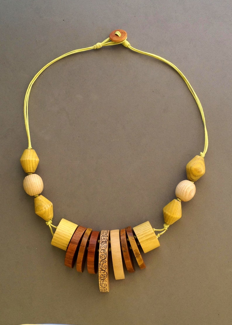 Necklace. Wooden necklace. Necklace in various types of wood. Necklace with button closure and loop. Gift for her. image 1