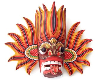 Stunning Hand Carved, Wood Wall Decor, Sri Lankan Traditional Fire Tiki Mask Sculpture (For Good Vibes & Harmony)