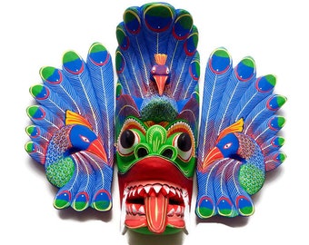 Sri Lankan Hand Carved Wooden Wall Hanging Stunning Peacock Mask Sculpture (Home Decor, Perfect Gift)