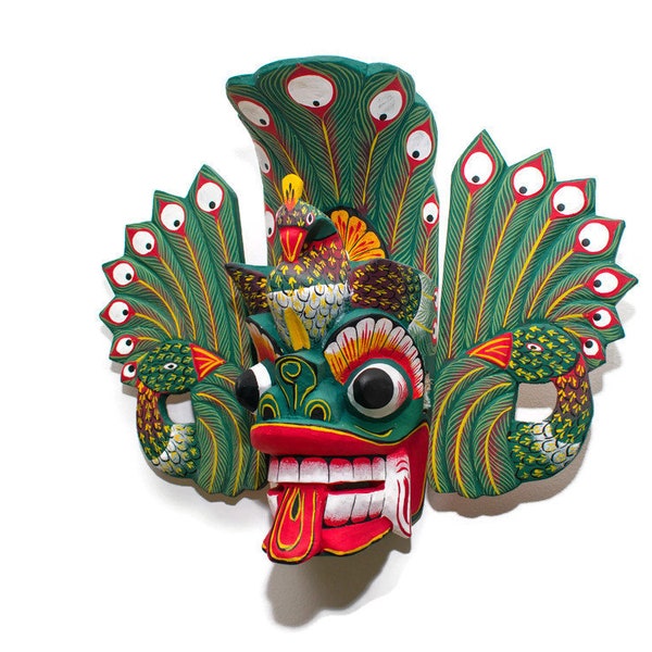 Sri Lankan Handmade Wood Wall Decor Traditional Peacock Decorative Tiki Mask Home Decor, Perfect Gift, Collectible