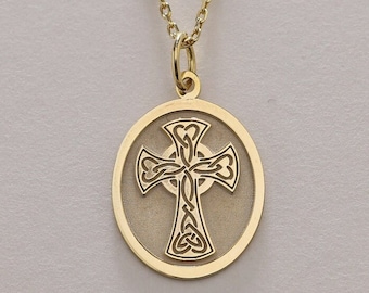 Collar de cruz celta de oro de 14k, colgante de cruz celta personalizado, collar de cruz de nudos de trinidad, joyería irlandesa