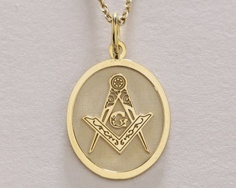 14k Gold Masonic Necklace , Solid Gold Masonic Pendant , Personalized Masonic Charm Necklace , Compass Masonic Coin , Gold Birthday Gift