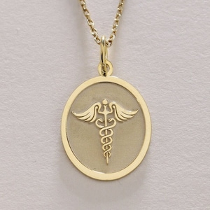 Collana caduceo in oro 14k, ciondolo medico in oro massiccio, collana di avviso medico personalizzata, emergenza in oro, regalo di compleanno in oro