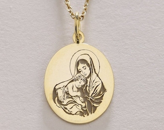 Collar de María y Jesús de oro de 14k, Virgen María, Santa Madre, Colgante ortodoxo griego, Colgante del Niño Jesús, Joyería religiosa, Regalo de mamá