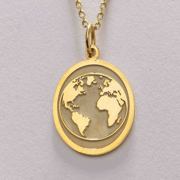 14k Solid Gold Earth Necklace, World Map medallion Necklace, Gold Coin Globe Necklace, Gold Disc WanderLust Necklace, Globetrotter