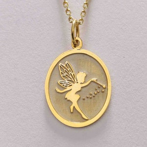 14k Gold Fairy Necklace, Personalized Fairy Pendant, Gold Disc Fairy Jewelry, Fairy With Wings, Layered Fairy Butterfly Necklace