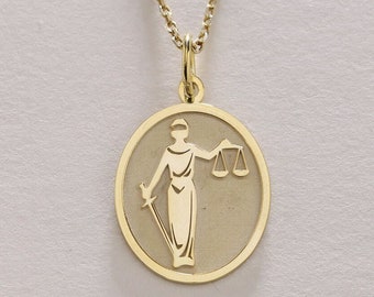 14k Gold Lady Justice Necklace , Solid Gold Lady Justice Pendant , Personalized Scales Of Justice Necklace , Justice , Gold Birthday Gift