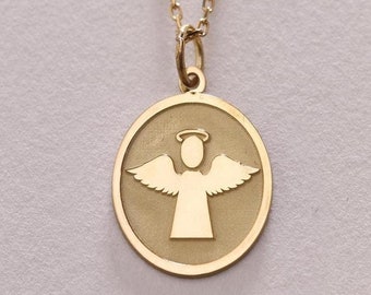 14k Solid Gold Angel  Necklace ,Angel Pendant , Personalized Angel Jewelry ,Delicate Gold Angel Coin Necklace, Birthday Gift