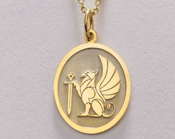 14k Gold Griffin Halskette, Goldmünze griechische Mythologie Anhänger, personalisierte Griffin Schmuck, altgriechische Charme, Löwe und Adler Halskette