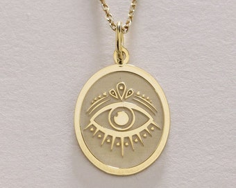 14k Gold Evil Eye Necklace , Solid Gold Evil Eye Pendant , Personalized Evil Eye Necklace , Good Luck Pendant , Gold Birthday Gift
