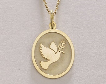 14k Gold Dove Necklace , Solid Gold Peace Dove Pendant , Personalized White Dove Charm Necklace , Gold Dove Bird Pendant ,Gold Birthday Gift