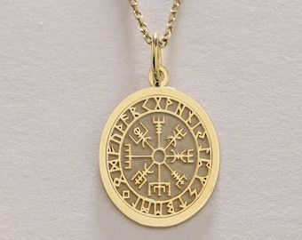 14k Gold Viking Vegvisir Necklace , Solid Gold Viking Vegvisir Pendant , Runic Compass , Personalized Viking Jewellery , Gold Birthday Gift