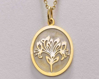 14k Solid Gold Honeysuckle Necklace, Honeysuckle Flower Pendant , Birth Flower Jewelry , Gift ,  Birth Flower Necklace,Mother Birthday Gift
