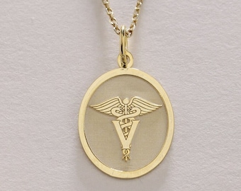 14k gouden dierenarts symbool ketting, massief gouden dierenarts, gepersonaliseerde dierenarts ketting, ID dierenhanger, gouden verjaardagscadeau