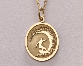 14k Gold Surfing Necklace , Personalized Surfer Pendant, Ocean Wave Jewelry, Gold Surfer , Beach Charm , Surfer Gift Pendant , Birthday Gift