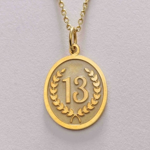 14k Gold Glückszahl 13 Halskette, personalisierte Glückszahl 13 Anhänger, Gold Zahl 13 Scheibenanhänger, Charm Glückszahl 13, Geburtstagsgeschenk