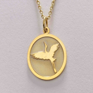 14k Gold Crane Necklace, Personalized Crane Pendant, Whooping Crane, Bird Charm Jewelry, Sandhill Crane, Animal Disc Pendant , Birthday Gift