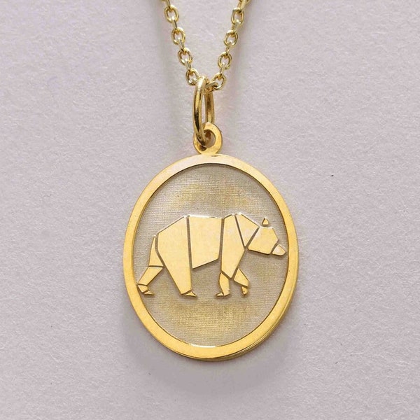 14k Gold Origami Bear Necklace , Solid Gold Mountain Bear Pendant , Personalized Mama Bear necklace ,Gold Bear Mountain , Gold Birthday Gift