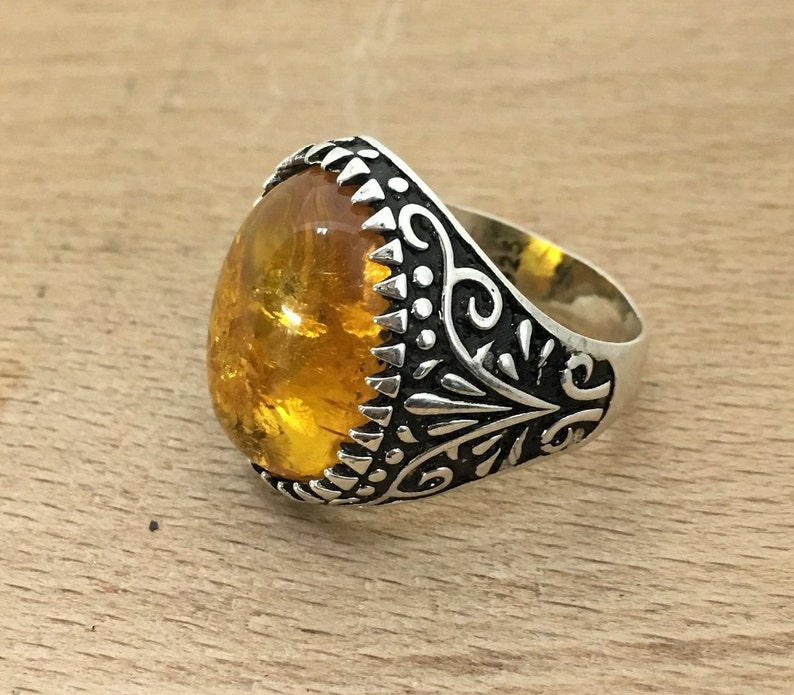 Handmade Silver Men Rings Unique men ring Amber Stone Ring Ups free express shipping. Amber men/'s ring